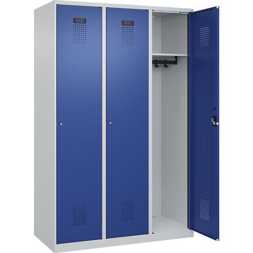 4067521973905 - Spind Evolo PLUS 3 Abteile lichtgrau   enzianblau B 1200 mm mit Bodengleitern Zylinderschloss