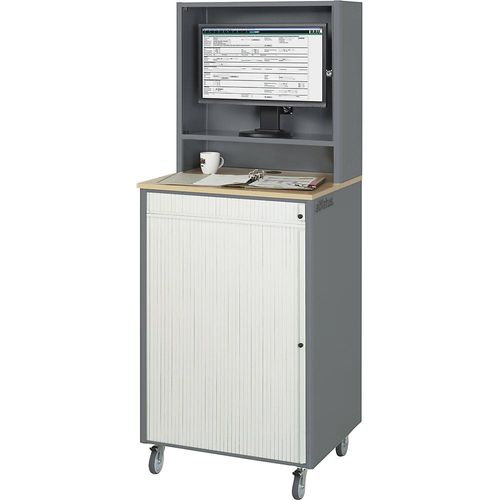 4040376855275 - Computer-Arbeitsplatz HxBxT 1810 x 720 x 660 mm mit Monitorgehäuse fahrbar anthrazit-metallic   enzianblau RAU