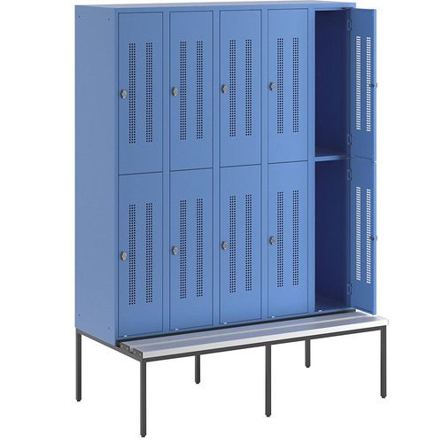 4250618236452 - Halbhoher Garderobenschrank mit Sitzbankuntergestell 300 mm 10 Fächer Lochblech lichtblau 4250618236452 - Halbhoher Garderobenschrank mit Sitzbankuntergestell 300 mm 10 Fächer Lochblech lichtblau