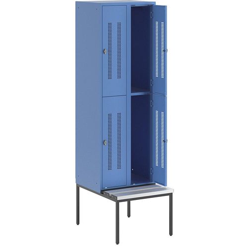 4250618236155 - Halbhoher Garderobenschrank mit Sitzbankuntergestell 300 mm 4 Fächer Lochblech lichtblau 4250618236155 - Halbhoher Garderobenschrank mit Sitzbankuntergestell 300 mm 4 Fächer Lochblech lichtblau