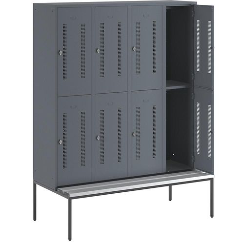 4250618236421 - Halbhoher Garderobenschrank mit Sitzbankuntergestell 400 mm 8 Fächer Lochblech blaugrau