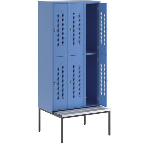 4250618236254 - Halbhoher Garderobenschrank mit Sitzbankuntergestell 300 mm 6 Fächer Lochblech lichtblau