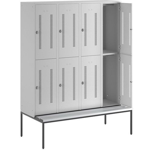 4250618236438 - Halbhoher Garderobenschrank mit Sitzbankuntergestell 400 mm 8 Fächer Lochblech lichtgrau