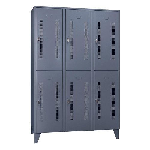 4250618239637 - Stahlspind mit Stollenfüßen Abteile halbhoch Lochblechtüren Abteilbreite 400 mm 6 Fächer blaugrau
