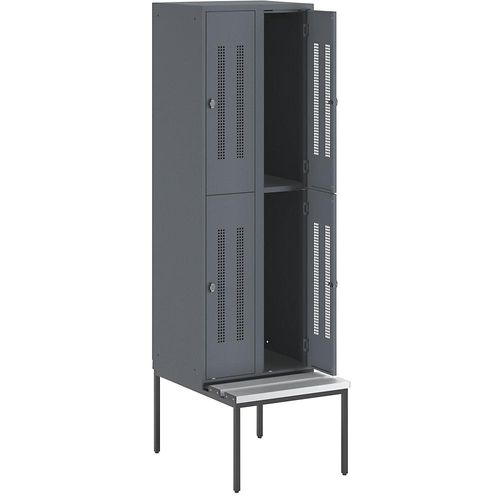 4250618236179 - Halbhoher Garderobenschrank mit Sitzbankuntergestell 300 mm 4 Fächer Lochblech blaugrau
