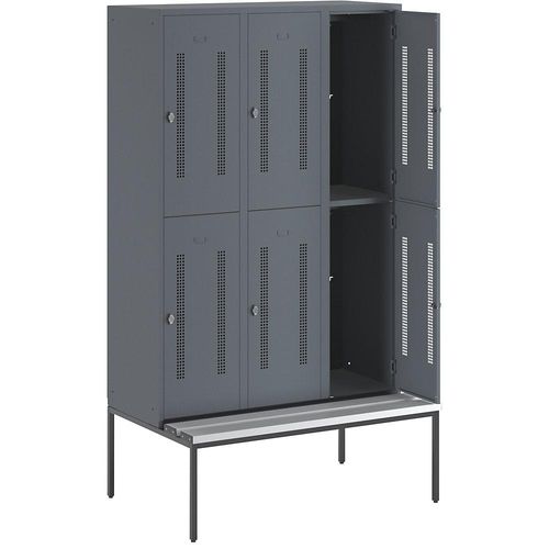 4250618236322 - Halbhoher Garderobenschrank mit Sitzbankuntergestell 400 mm 6 Fächer Lochblech blaugrau