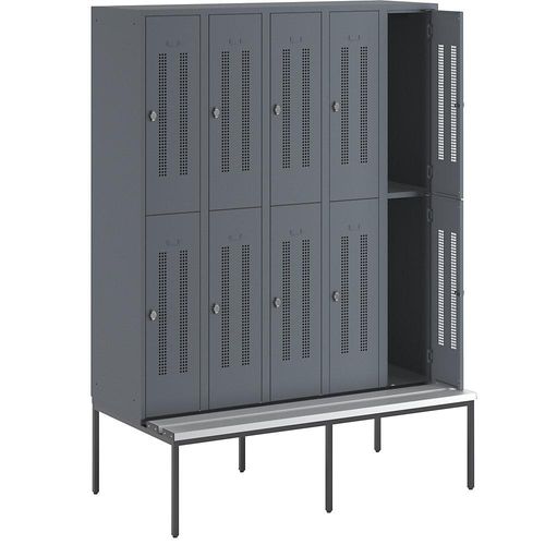 4250618236476 - Halbhoher Garderobenschrank mit Sitzbankuntergestell 300 mm 10 Fächer Lochblech blaugrau
