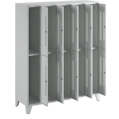 4250618239880 - Stahlspind mit Stollenfüßen Abteile halbhoch Lochblechtüren Abteilbreite 300 mm 10 Fächer lichtgrau