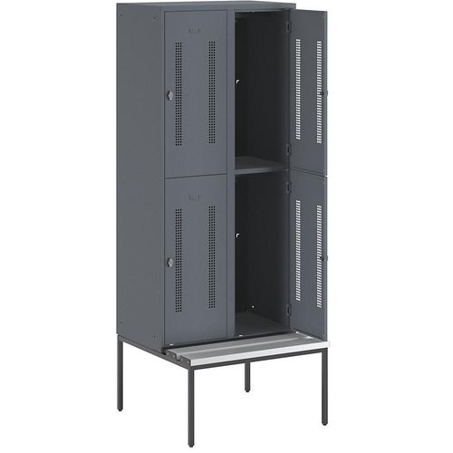4250618236223 - Halbhoher Garderobenschrank mit Sitzbankuntergestell 400 mm 4 Fächer Lochblech blaugrau