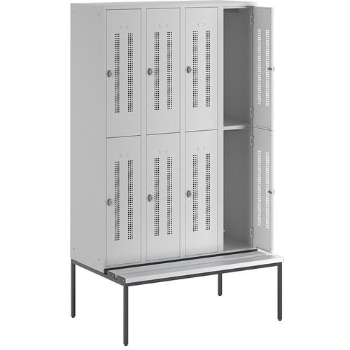 4250618236384 - Halbhoher Garderobenschrank mit Sitzbankuntergestell 300 mm 8 Fächer Lochblech lichtgrau