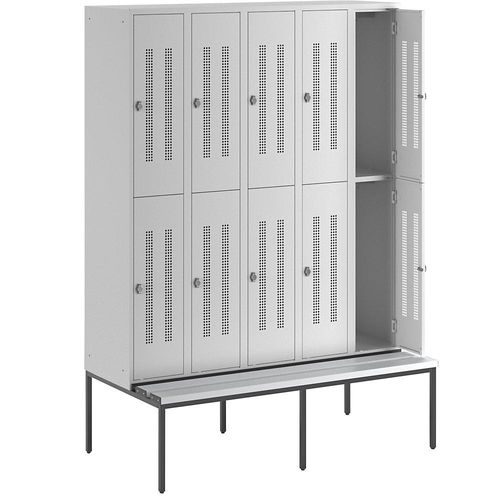 4250618236483 - Halbhoher Garderobenschrank mit Sitzbankuntergestell 300 mm 10 Fächer Lochblech lichtgrau
