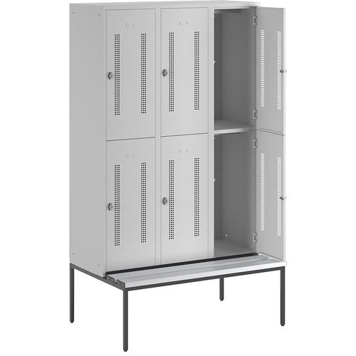 4250618236339 - Halbhoher Garderobenschrank mit Sitzbankuntergestell 400 mm 6 Fächer Lochblech lichtgrau