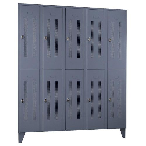 4250618239866 - Stahlspind mit Stollenfüßen Abteile halbhoch Lochblechtüren Abteilbreite 300 mm 10 Fächer blaugrau 4250618239866 - Stahlspind mit Stollenfüßen Abteile halbhoch Lochblechtüren Abteilbreite 300 mm 10 Fächer blaugrau