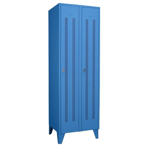 4250618219493 - Stahlspind mit Stollenfüßen Abteile schrankhoch Lochblechtüren Abteilbreite 300 mm 2 Abteile lichtblau