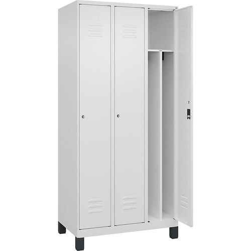 4066681613348 - Schwarz-Weiß-Spind Classic PLUS schmal 3 Abteile Trennwand verkürzt verkehrsweiß B 900 mm mit Füßen Zylinderschloss Trennwand mittig