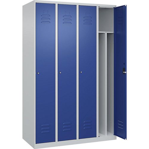 4067521329818 - Schwarz-Weiß-Spind Classic PLUS schmal 4 Abteile Trennwand verkürzt lichtgrau   enzianblau B 1200 mm mit Bodengleitern Zylinderschloss Trennwand mittig C+P