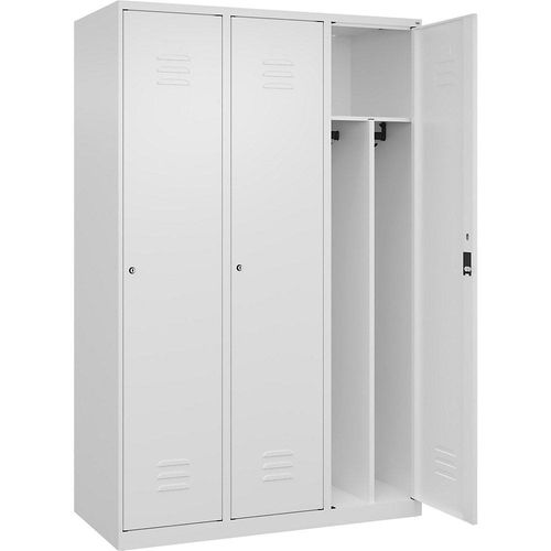 4067521329351 - Schwarz-Weiß-Spind Classic PLUS schmal 3 Abteile Trennwand verkürzt verkehrsweiß B 1200 mm mit Bodengleitern Zylinderschloss Trennwand mittig C+P