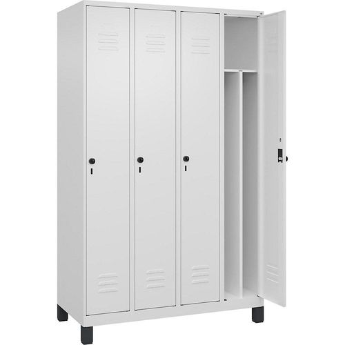 4066681614390 - Schwarz-Weiß-Spind Classic PLUS schmal 4 Abteile Trennwand verkürzt verkehrsweiß B 1200 mm mit Füßen Drehriegel Trennwand mittig