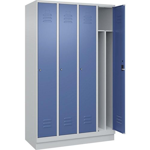 4066681656895 - Schwarz-Weiß-Spind Classic PLUS schmal 4 Abteile Trennwand verkürzt lichtgrau   fernblau B 1200 mm mit Bodensockel Zylinderschloss Trennwand mittig C+P