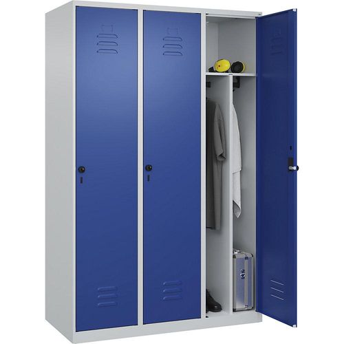 4067521328866 - Schwarz-Weiß-Spind Classic PLUS schmal 3 Abteile Trennwand verkürzt lichtgrau   enzianblau B 1200 mm mit Bodengleitern Drehriegel Trennwand mittig C+P