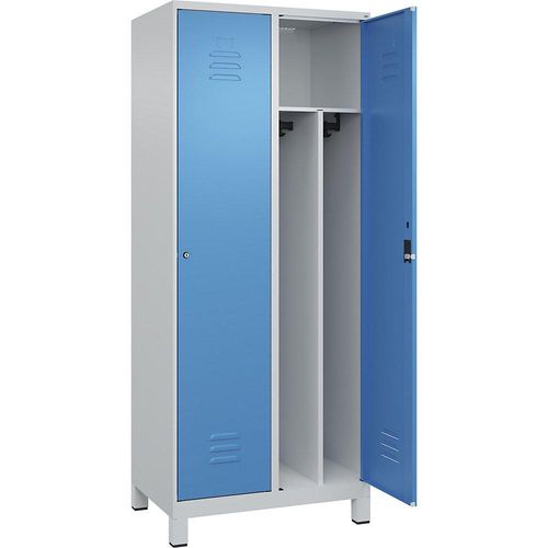 4066681689329 - Schwarz-Weiß-Spind Classic PLUS schmal 2 Abteile Trennwand verkürzt lichtgrau   lichtblau B 800 mm mit Füßen Zylinderschloss Trennwand mittig C+P