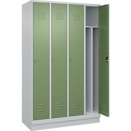 4066681656901 - Schwarz-Weiß-Spind Classic PLUS schmal 4 Abteile Trennwand verkürzt lichtgrau resedagrün B 1200 mm mit Bodensockel Zylinderschloss Trennwand mittig C+P 4066681656901 - Schwarz-Weiß-Spind Classic PLUS schmal 4 Abteile Trennwand verkürzt lichtgrau resedagrün B 1200 mm mit Bodensockel Zylinderschloss Trennwand mittig C+P