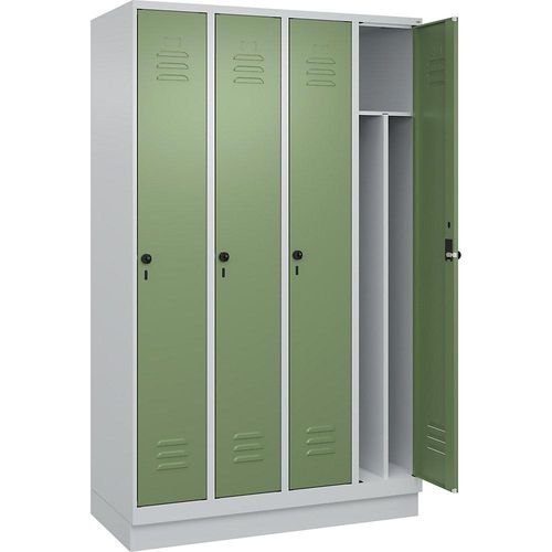 4066681656758 - Schwarz-Weiß-Spind Classic PLUS schmal 4 Abteile Trennwand verkürzt lichtgrau   resedagrün B 1200 mm mit Bodensockel Drehriegel Trennwand mittig C+P