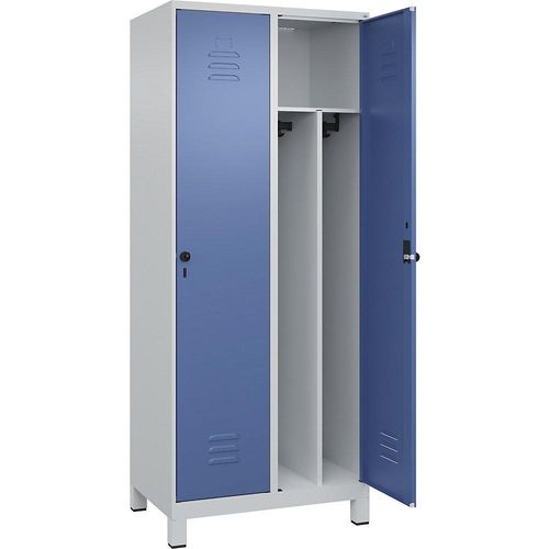 4066681689213 - Schwarz-Weiß-Spind Classic PLUS schmal 2 Abteile Trennwand verkürzt lichtgrau   fernblau B 800 mm mit Füßen Drehriegel Trennwand mittig C+P