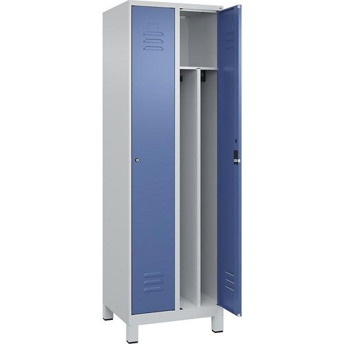 4066681611757 - Schwarz-Weiß-Spind Classic PLUS schmal 2 Abteile Trennwand verkürzt lichtgrau   fernblau B 600 mm mit Füßen Zylinderschloss Trennwand mittig C+P