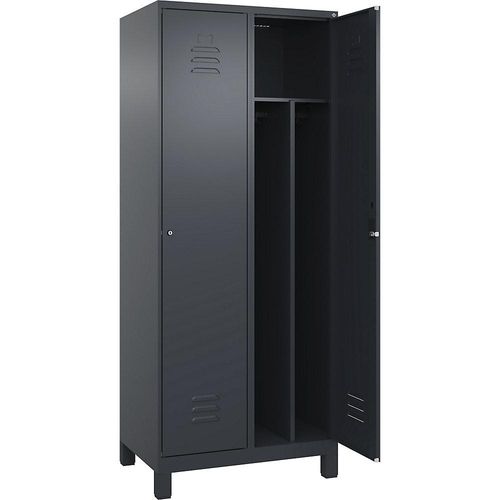 4066681650121 - Schwarz-Weiß-Spind Classic PLUS schmal 2 Abteile Trennwand verkürzt grau B 800 mm mit Füßen Zylinderschloss Trennwand mittig C+P