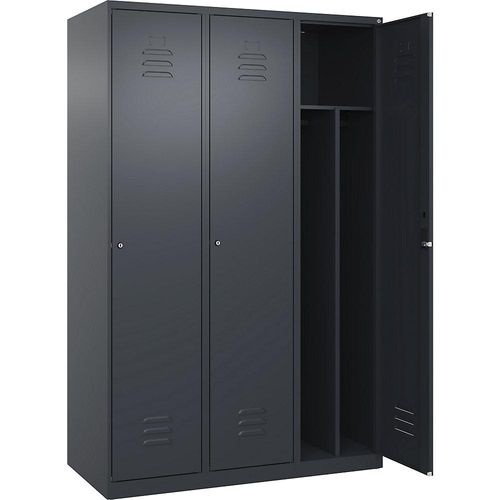 4067521330791 - Schwarz-Weiß-Spind Classic PLUS schmal 3 Abteile Trennwand verkürzt grau B 1200 mm mit Bodengleitern Zylinderschloss Trennwand mittig C+P