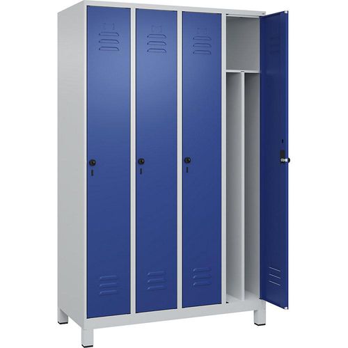 4066681614284 - Schwarz-Weiß-Spind Classic PLUS schmal 4 Abteile Trennwand verkürzt lichtgrau enzianblau B 1200 mm mit Füßen Drehriegel Trennwand mittig C+P 4066681614284 - Schwarz-Weiß-Spind Classic PLUS schmal 4 Abteile Trennwand verkürzt lichtgrau enzianblau B 1200 mm mit Füßen Drehriegel Trennwand mittig C+P