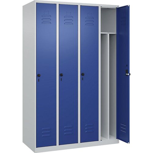4067521330043 - Schwarz-Weiß-Spind Classic PLUS schmal 4 Abteile Trennwand verkürzt lichtgrau enzianblau B 1200 mm mit Bodengleitern Drehriegel Trennwand mittig C+P 4067521330043 - Schwarz-Weiß-Spind Classic PLUS schmal 4 Abteile Trennwand verkürzt lichtgrau enzianblau B 1200 mm mit Bodengleitern Drehriegel Trennwand mittig C+P