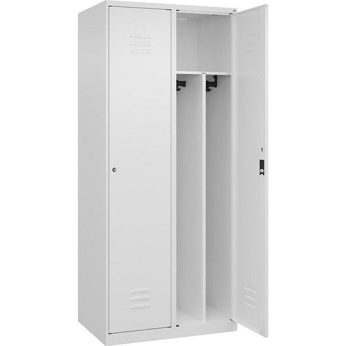 4067521330074 - Schwarz-Weiß-Spind Classic PLUS schmal 2 Abteile Trennwand verkürzt verkehrsweiß B 800 mm mit Bodengleitern Zylinderschloss Trennwand mittig C+P