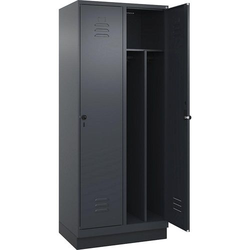 4066681654419 - Schwarz-Weiß-Spind Classic PLUS schmal 2 Abteile Trennwand verkürzt grau B 800 mm mit Bodensockel Drehriegel Trennwand mittig C+P