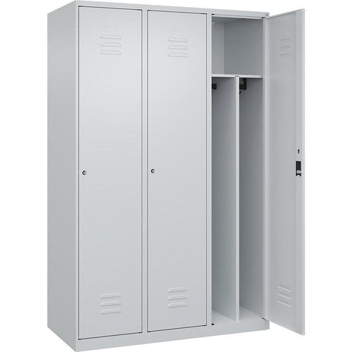 4067521329665 - Schwarz-Weiß-Spind Classic PLUS schmal 3 Abteile Trennwand verkürzt lichtgrau B 1200 mm mit Bodengleitern Zylinderschloss Trennwand mittig C+P