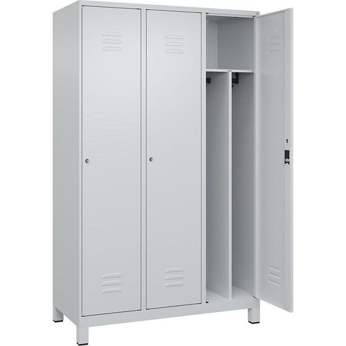 4066681689619 - Schwarz-Weiß-Spind Classic PLUS schmal 3 Abteile Trennwand verkürzt lichtgrau B 1200 mm mit Füßen Zylinderschloss Trennwand mittig C+P