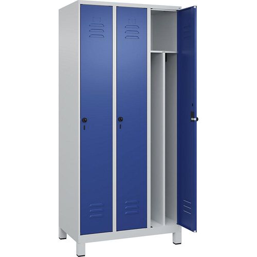 4066681613089 - Schwarz-Weiß-Spind Classic PLUS schmal 3 Abteile Trennwand verkürzt lichtgrau   enzianblau B 900 mm mit Füßen Drehriegel Trennwand mittig C+P