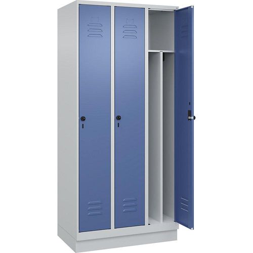 4066681655249 - Schwarz-Weiß-Spind Classic PLUS schmal 3 Abteile Trennwand verkürzt lichtgrau fernblau B 900 mm mit Bodensockel Drehriegel Trennwand mittig 4066681655249 - Schwarz-Weiß-Spind Classic PLUS schmal 3 Abteile Trennwand verkürzt lichtgrau fernblau B 900 mm mit Bodensockel Drehriegel Trennwand mittig