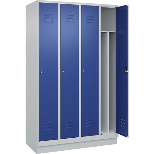 4066681656871 - Schwarz-Weiß-Spind Classic PLUS schmal 4 Abteile Trennwand verkürzt lichtgrau   enzianblau B 1200 mm mit Bodensockel Zylinderschloss Trennwand mittig C+P