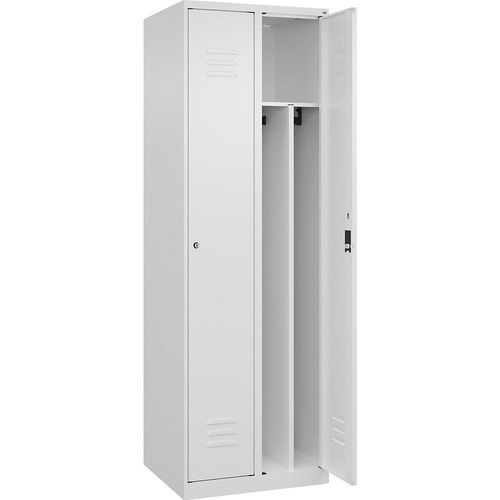 4067521330531 - Schwarz-Weiß-Spind Classic PLUS schmal 2 Abteile Trennwand verkürzt verkehrsweiß B 600 mm mit Bodengleitern Zylinderschloss Trennwand mittig C+P