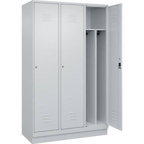 4066681656031 - Schwarz-Weiß-Spind Classic PLUS schmal 3 Abteile Trennwand verkürzt lichtgrau B 1200 mm mit Bodensockel Zylinderschloss Trennwand mittig