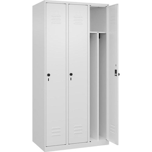 4067521330098 - Schwarz-Weiß-Spind Classic PLUS schmal 3 Abteile Trennwand verkürzt verkehrsweiß B 900 mm mit Bodengleitern Drehriegel Trennwand mittig