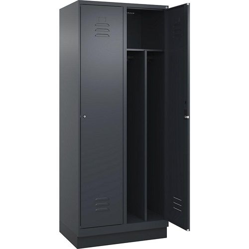 4066681654563 - Schwarz-Weiß-Spind Classic PLUS schmal 2 Abteile Trennwand verkürzt grau B 800 mm mit Bodensockel Zylinderschloss Trennwand mittig C+P
