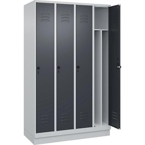 4066681656772 - Schwarz-Weiß-Spind Classic PLUS schmal 4 Abteile Trennwand verkürzt lichtgrau   grau B 1200 mm mit Bodensockel Drehriegel Trennwand mittig