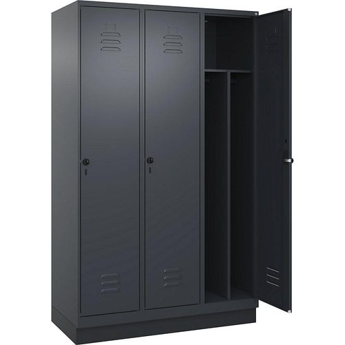 4066681655911 - Schwarz-Weiß-Spind Classic PLUS schmal 3 Abteile Trennwand verkürzt grau B 1200 mm mit Bodensockel Drehriegel Trennwand mittig