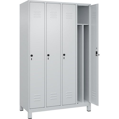 4066681614345 - Schwarz-Weiß-Spind Classic PLUS schmal 4 Abteile Trennwand verkürzt lichtgrau B 1200 mm mit Füßen Drehriegel Trennwand mittig C+P