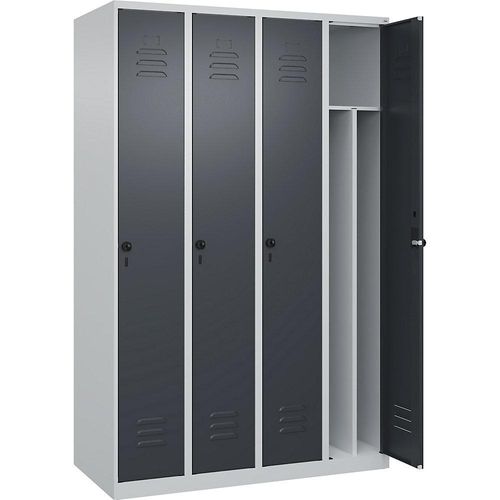 4067521330357 - Schwarz-Weiß-Spind Classic PLUS schmal 4 Abteile Trennwand verkürzt lichtgrau grau B 1200 mm mit Bodengleitern Drehriegel Trennwand mittig C+P 4067521330357 - Schwarz-Weiß-Spind Classic PLUS schmal 4 Abteile Trennwand verkürzt lichtgrau grau B 1200 mm mit Bodengleitern Drehriegel Trennwand mittig C+P