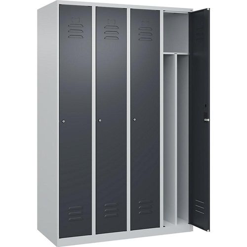 4067521328934 - Schwarz-Weiß-Spind Classic PLUS schmal 4 Abteile Trennwand verkürzt lichtgrau   grau B 1200 mm mit Bodengleitern Zylinderschloss Trennwand mittig C+P