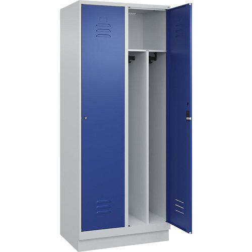 4066681654471 - Schwarz-Weiß-Spind Classic PLUS schmal 2 Abteile Trennwand verkürzt lichtgrau   enzianblau B 800 mm mit Bodensockel Zylinderschloss Trennwand mittig C+P